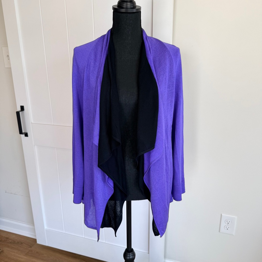 Ming Wang Purple Black Draped Open Front Knit Cardigan Sweater Womens Size Small